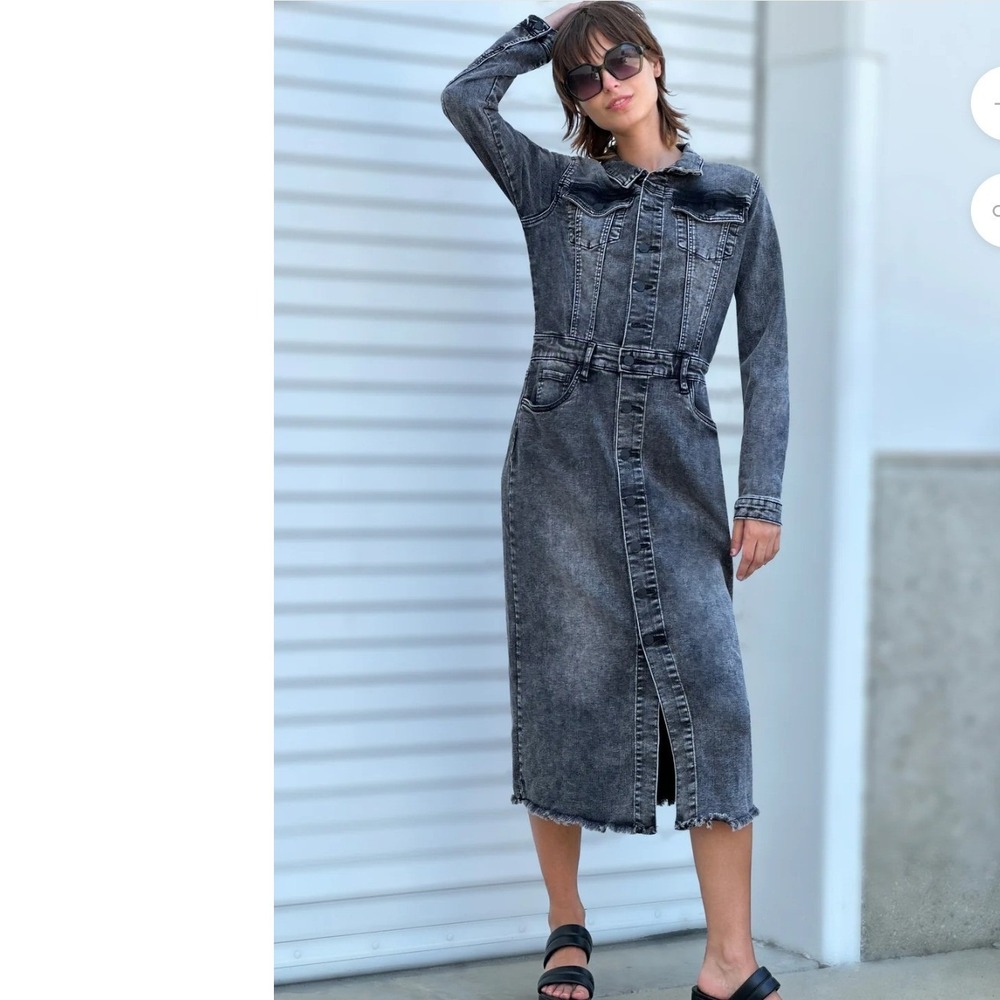 Wash Lab Denim Piece Dyed Long Sleeve Midi Dress Blue Medium Wash Raw Hem L